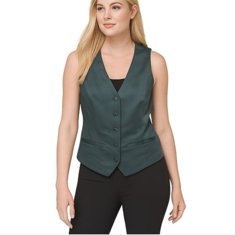 NWT White House Black Market Sleeveless Satin Vest 6 Wintergreen Button Front